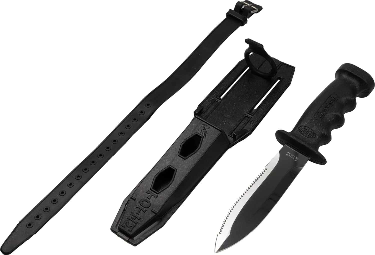 Supertotem - Coltello Sub Pesca Apnea Immersione Con Lama Acciaio Inox Liscia/Seghettata 12,4 Cm, Pugnale Subacqueo Anatomico, Coltellino + Fodero + 2 Fascette Fissaggio Polpaccio, Tot 23,2 Cm